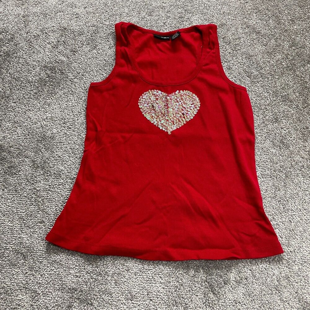Mixit Tank top Shirt Girls XL Red Sequin Shiny Heart Ribbed Casual Cotton Youth